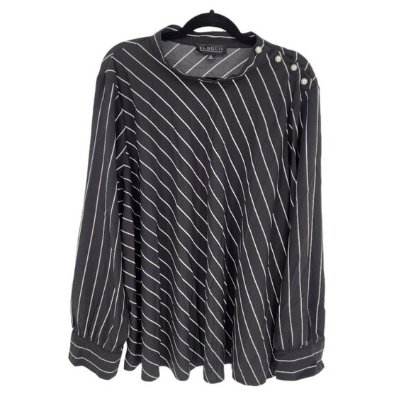 Eloquii womens 28 black white diagnal stripe pearl button shoulder detail blouse - Picture 1 of 10